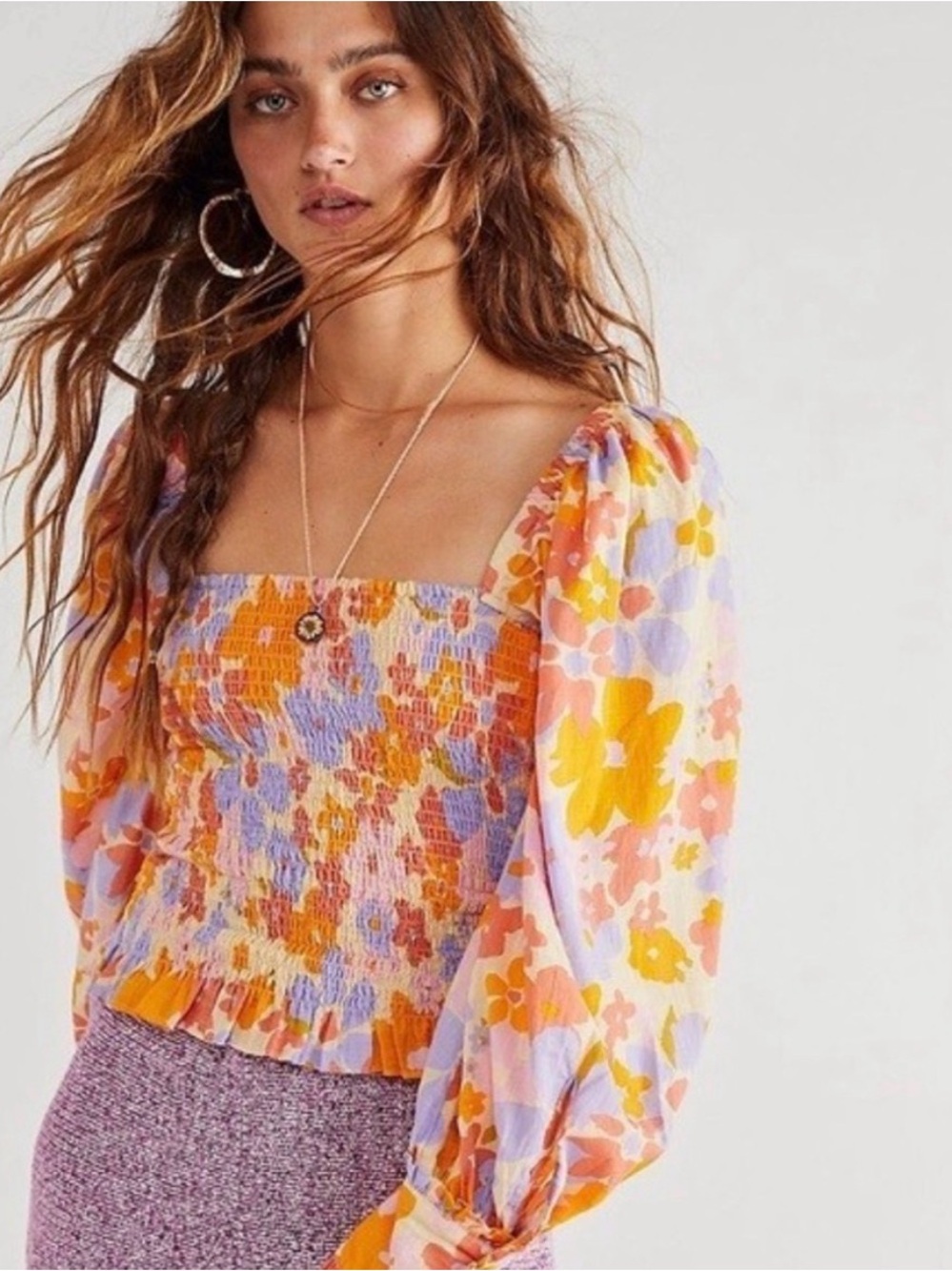 Free People Smocked Floral Square-Neck Top